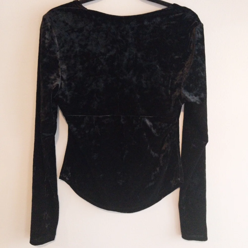 Free People Black Crushed Velvet Ruched Drape Whimsigoth Fairy Scoop Neck Top